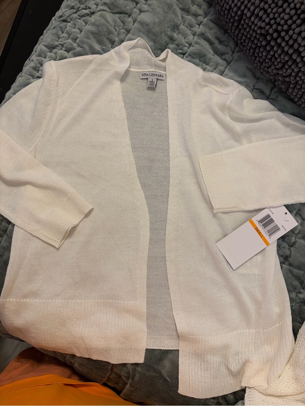 Nina Leonard Open-Front Cream Knit Cardigan, cream small, 3/4 sleeve